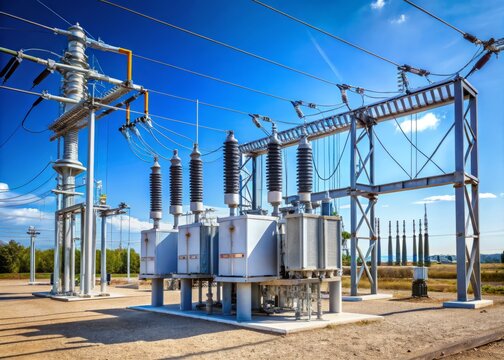 High Voltage Transformer Substation with Power Lines, Electrical Equipment, and Clear Blue Sky - Energy Infrastructure