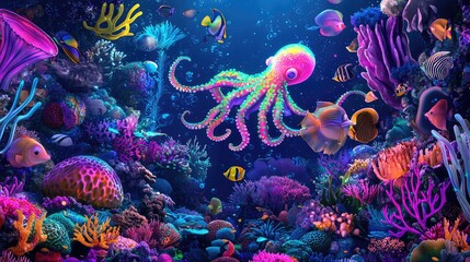 Vibrant underwater scene featuring a colorful octopus surrounded by coral and tropical fish in a mystical ocean environment.