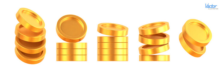 Set of Realistic Golden Coins stack. Blank Coin money stacked isolated on white background. Gold cash currency for payment. Symbol of wealth, income and finance. Vector 3d illustration.