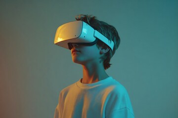 Teenage Boy Using VR Headset with Soft Lighting