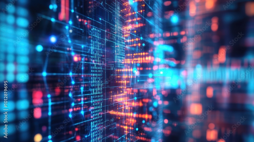 Poster abstract digital landscape with glowing lines and nodes, representing data and technology.