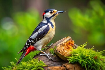 Obraz premium Male Great Spotted Woodpecker Drumming on Tree Stump in Broadleaved Forest Captured in Stunning Detail and Natural