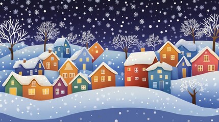 Fototapeta premium Charming Paper Cut Winter Village with Falling Snow on a Starry Night, Festive Holiday Scene with Cozy Houses and Snowflakes