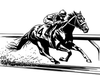 Fototapeta premium A dynamic black-and-white sketch of a jockey riding a galloping racehorse, full of speed, power, and focus