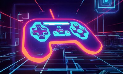 Futuristic glitchy joystick with cyber gaming zone with neon light effects - Powered by Adobe