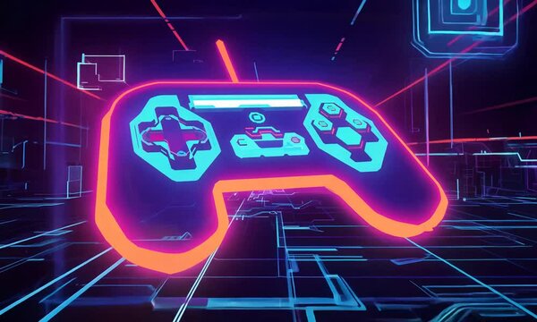 Futuristic glitchy joystick with cyber gaming zone with neon light effects