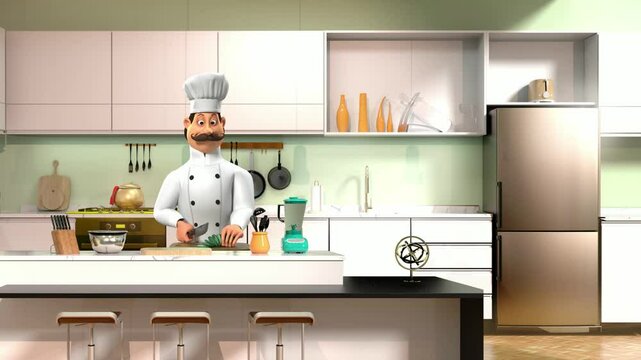 A chef in the kitchen chopping vegetables. 3d animated cartoon character