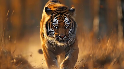 a tiger running through a field of tall grass