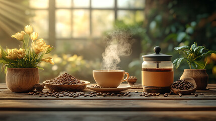 background of the process making latte art coffee in Cafe, fresh beans, roasted beans, and a CUP of coffee