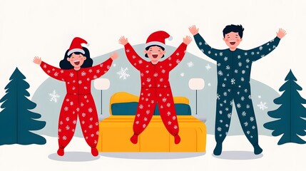 Fototapeta na wymiar Three joyful children jump on a bed dressed in matching festive pajamas, embodying mirth and playfulness.Matching Family Pajamas