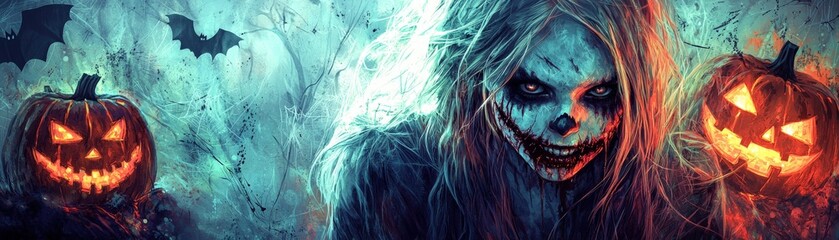 Beaming Woman in Anime Style with Halloween Elements