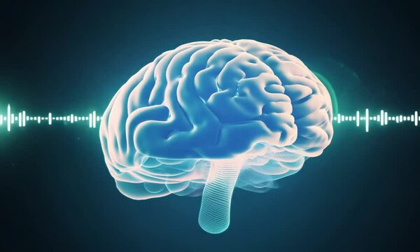 Anatomy of the human head and brain with waves produced by brain activity
