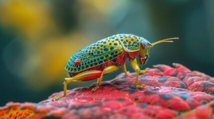 Naklejka premium a colorful insect sitting on top of a red flower