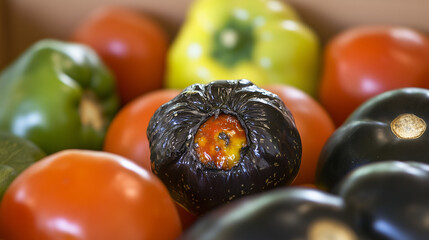 Fresh vegetables with a single rotten tomato in the center, symbolizing food contamination and the importance of quality control in food safety.