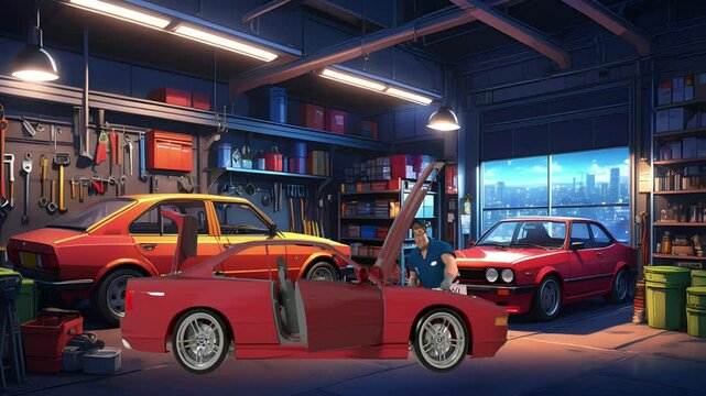 A mechanic fixing a car at garage. 3d animated character. 3d cartoon character