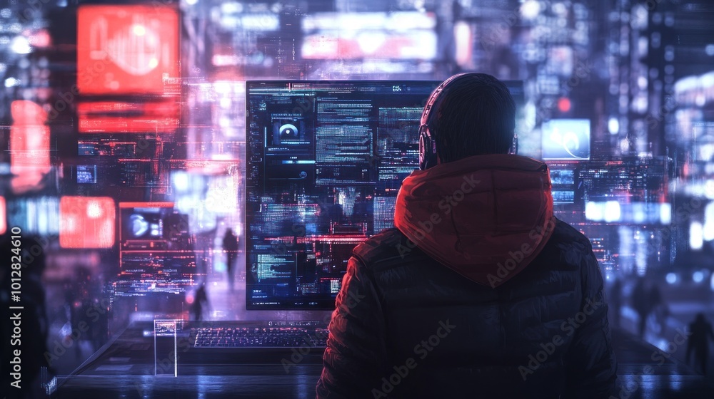 Poster a person in a hoodie interacts with a high-tech display in a futuristic urban environment.
