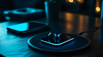 Obraz premium close-up of wireless earbuds resting on a wireless charging pad, with a smartphone next to it, on a sleek modern table, illuminated by soft ambient lighting