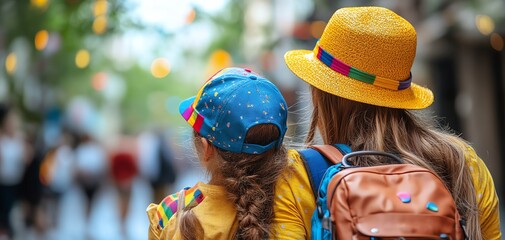 Naklejka premium A family at a Pride parade, with LGBTQ parents and their children all wearing rainbowcolored outfits and accessories