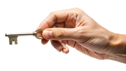 Woman hand holding metal key isolated on white background, business concept