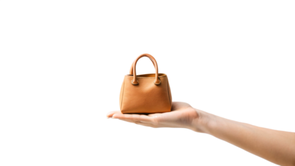 Isolated single hand holding a brown leather handbag with a red handle, perfect for shopping and personal style