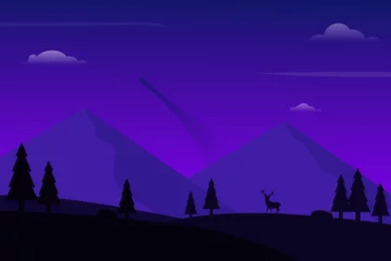 Selbstklebende Fototapeten Vector illustration of a landscape of deer in the hills with a rocket across the sky in the background © SejalanArt