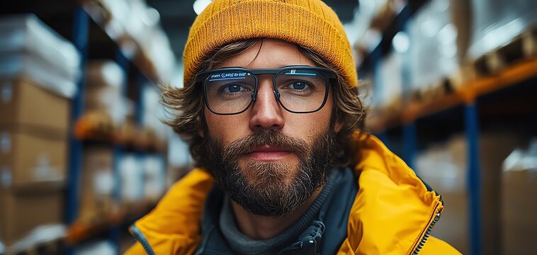 A warehouse worker using augmented reality glasses to navigate and organize inventory with realtime data overlays