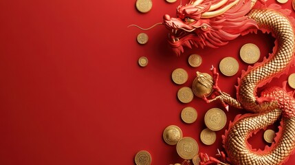 Fototapeta premium Chinese New Year Dragon and Gold Coins