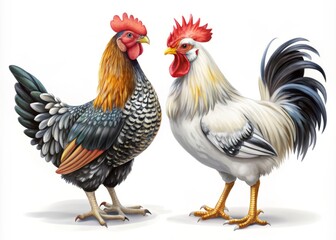 Fototapeta premium Variegated Black and White Hen and Colorful Rooster Isolated on White Background for Farm and Poultry Stock Photography