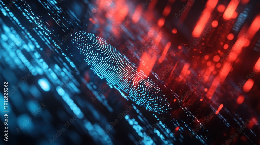 Aufkleber abstract digital representation of fingerprints and data streams in blue and red hues.