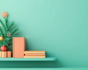 Minimalist Christmas decor with books, gift, and pine tree on pastel green background. Cozy and festive holiday scene with space for text.
