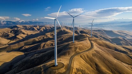 Aerial view of a wind turbine farm along a mountain ridge, capturing the scale of renewable wind energy projects in rural areas.