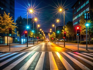 Fototapeta premium Warning Blinking Lights Over Pedestrian Crossing on Quiet Street at Night for Enhanced Safety and Visibility in Urban