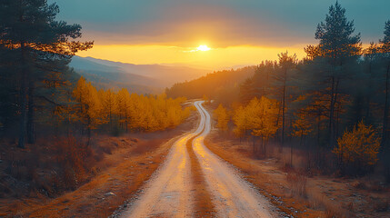Obraz premium Top drone view of road in woods. Beautiful landscape with roadway in hills, pine trees, meadows, golden sunlight in fall. Travel