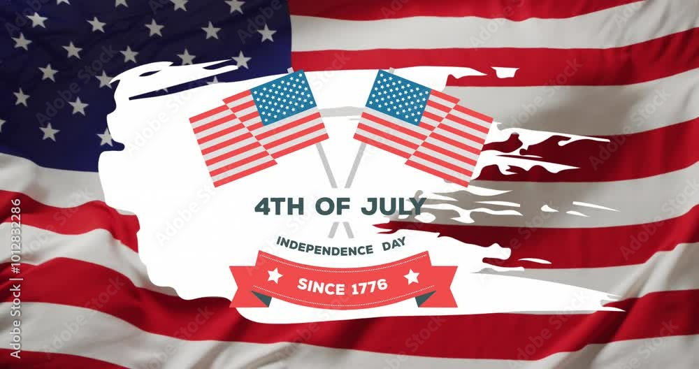 Poster Animation of 4th of july independence day text and flags over waving american flag