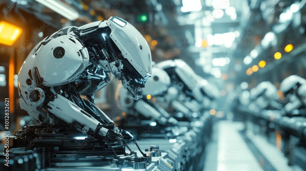 Poster a row of humanoid robots working in a futuristic industrial setting.