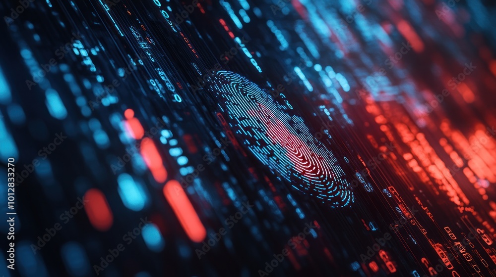 Poster abstract digital fingerprint with glowing data streams, symbolizing cybersecurity and identity.