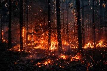 Intense forest fire with trees engulfed in flames and glowing sparks flying in the air.