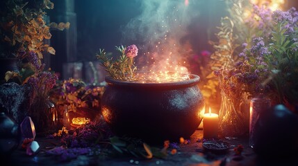 A mystical cauldron surrounded by vibrant flowers and candles.