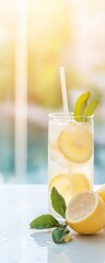 Fototapeta premium Lemonade on a corporate balcony close up, focus on, copy space Vibrant yellows with fresh tones, Double exposure silhouette with refreshing ideas