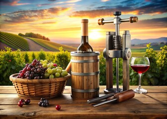 Obraz premium Winemaking Tools: Corkscrew, Crusher, Destemmer for Juice Production in Vineyard and Winery Settings