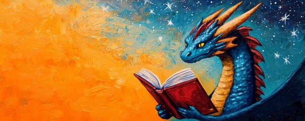 Fantasy dragon reading a book against a colorful starry background.