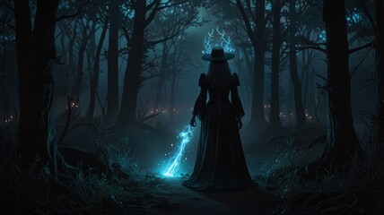 Fototapeta premium A woman in a long black dress and hat stands in a dark forest, holding a glowing staff. She is surrounded by glowing orbs in the distance, and the trees are tall and bare.