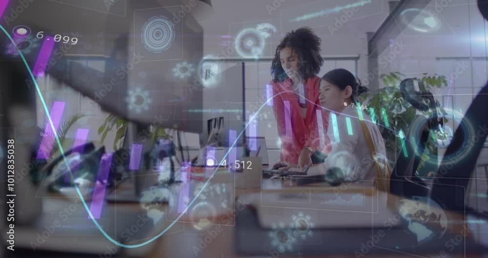 Poster animation of graphs and data processing over diverse casual businesswomen using computer in office