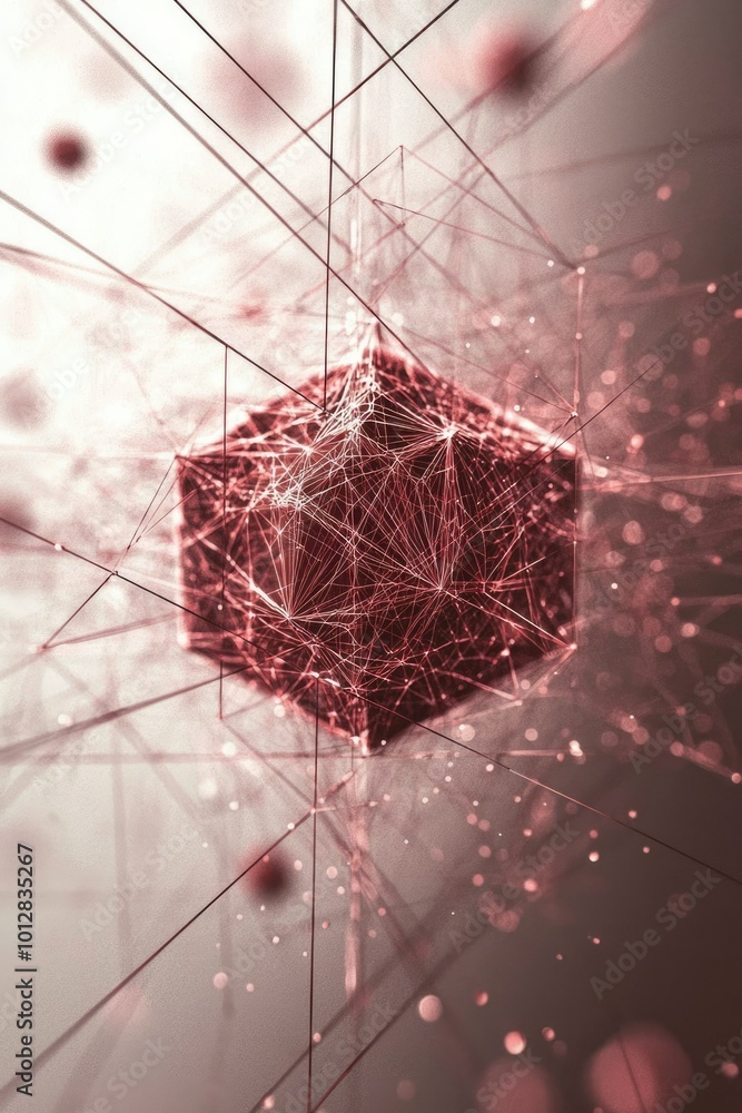 Poster a red wireframe cube with a complex web-like pattern against a blurred, dusty background