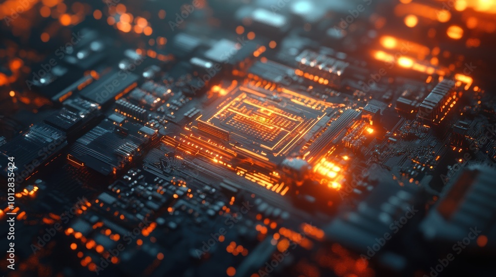 Aufkleber a close-up view of a futuristic circuit board with glowing elements.