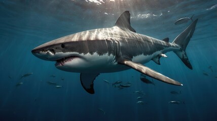 Obraz premium Great white shark swimming underwater in the ocean, captured mid-swim