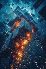 Abstract Geometric Structure with Glowing Connections Against a Starry Background