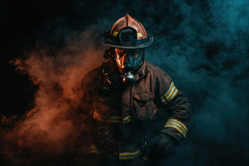 Naklejka premium Firefighter in protective gear standing amidst colorful smoke