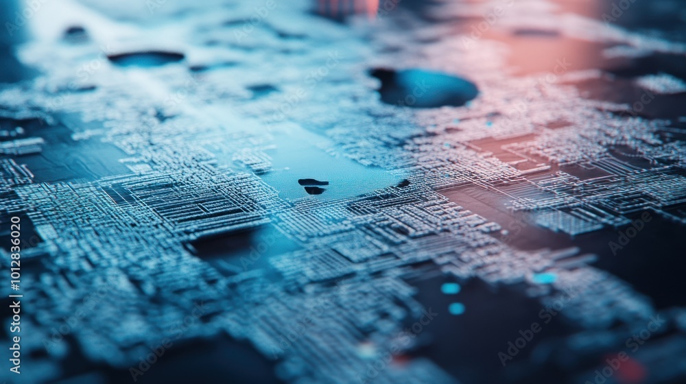 Poster abstract representation of a circuit board with intricate patterns and glowing elements.