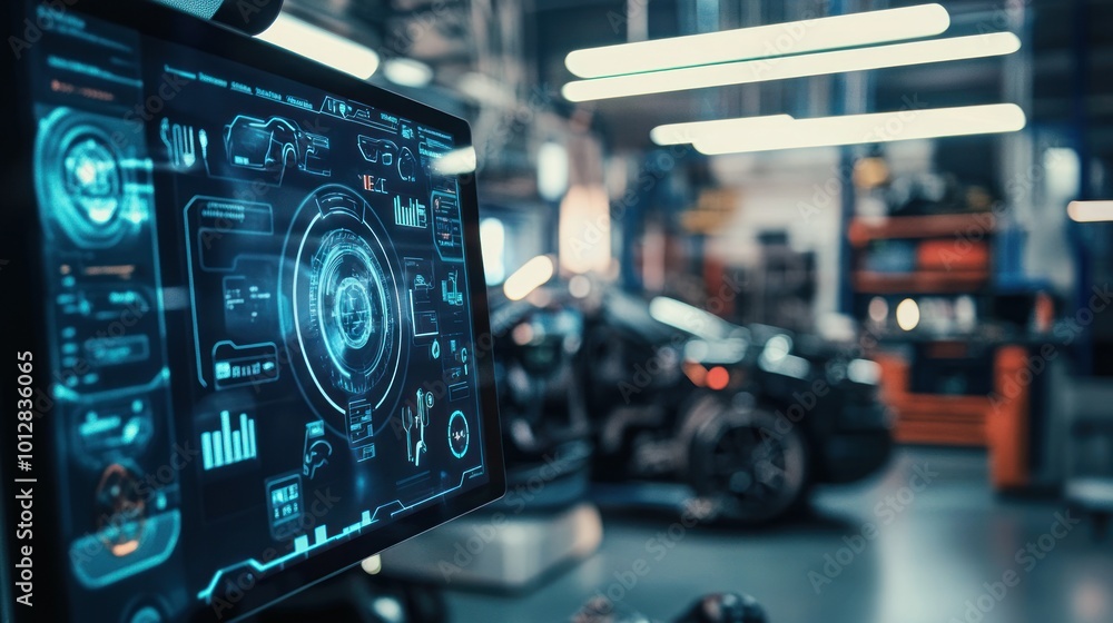 Poster a futuristic dashboard in an automotive workshop displaying data and diagnostics.